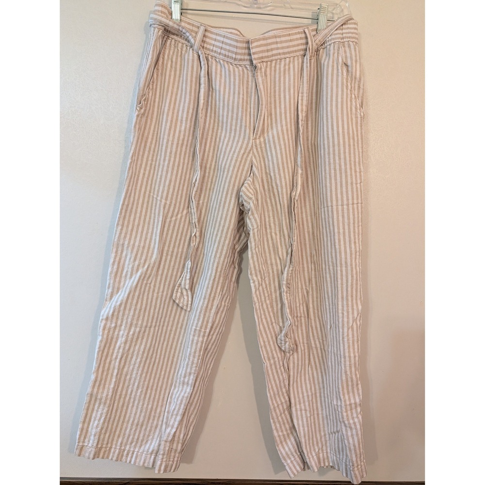 Liz Claiborne Tan White Striped Linen Blend Tie Waist Crop Pants Womens MT